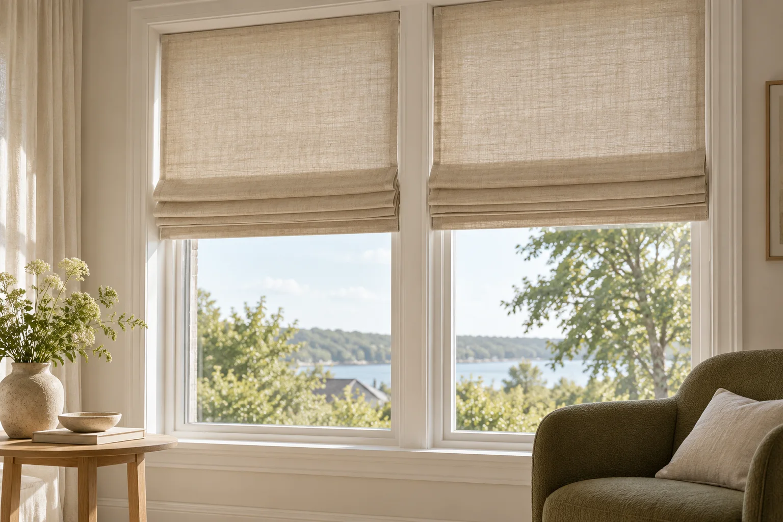 Beige foldegardiner med brede vandrette folder foran to vinduer i en lys stue
