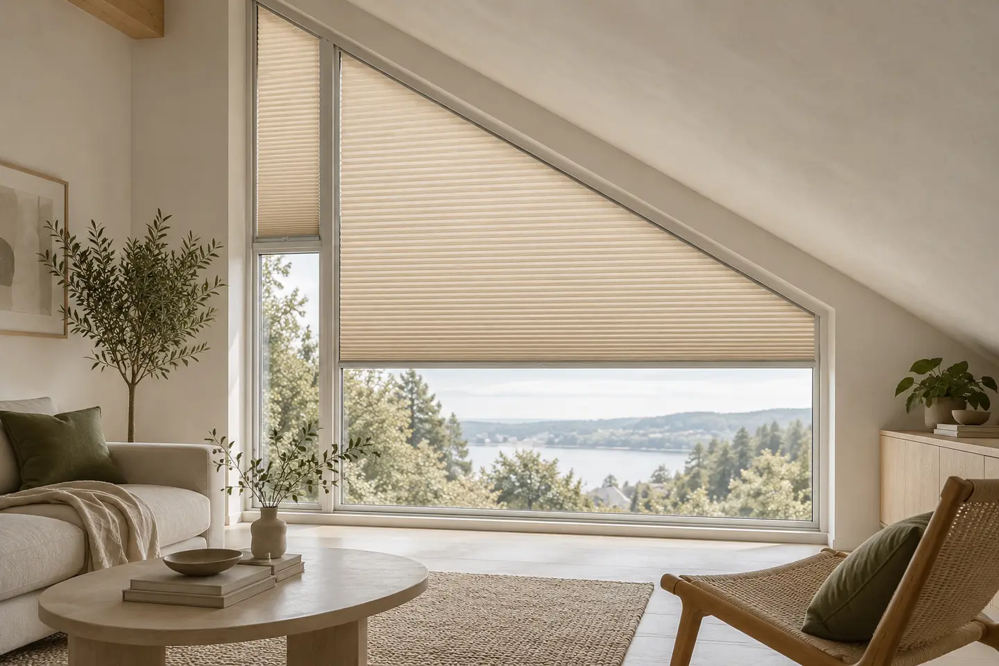Stort skråt vinduesparti med specialtilpassede beige plisségardiner