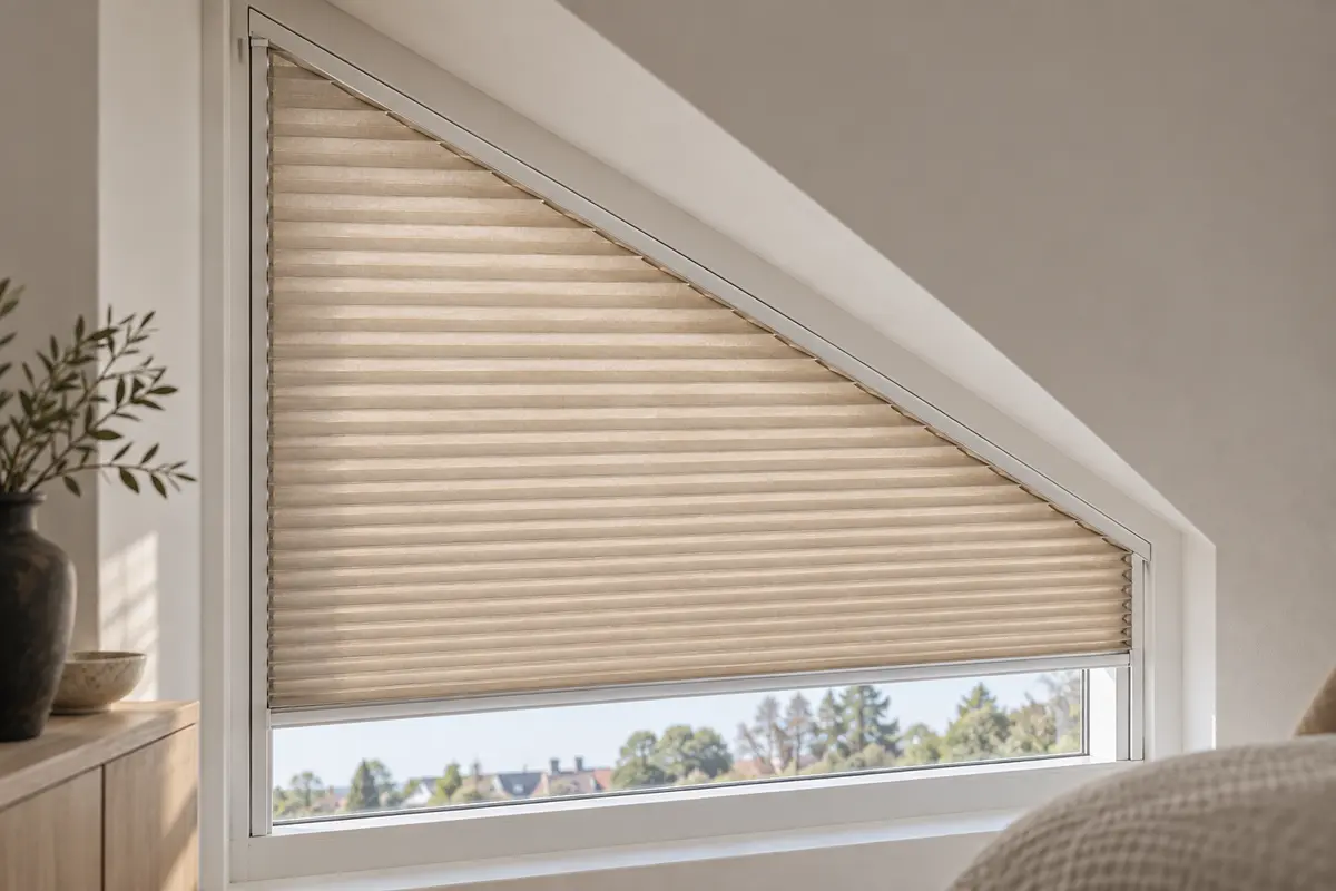 Detalje af beige plisségardin tilpasset en skrå vindueskant